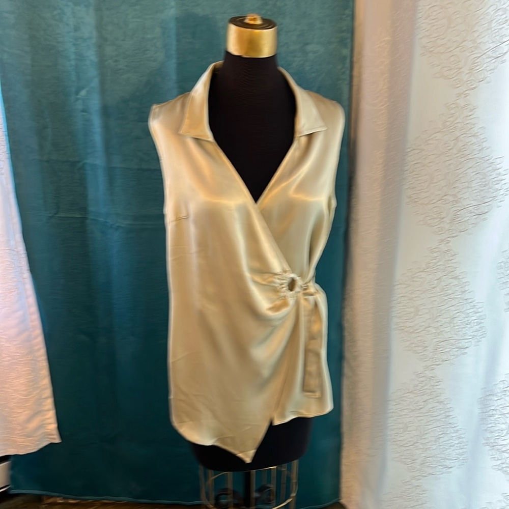 Light sage green satin type wrap blouse.
